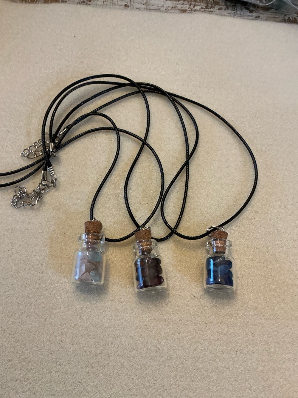 Handmade Glass Vial Necklace with stones & crystal chips- set of 3